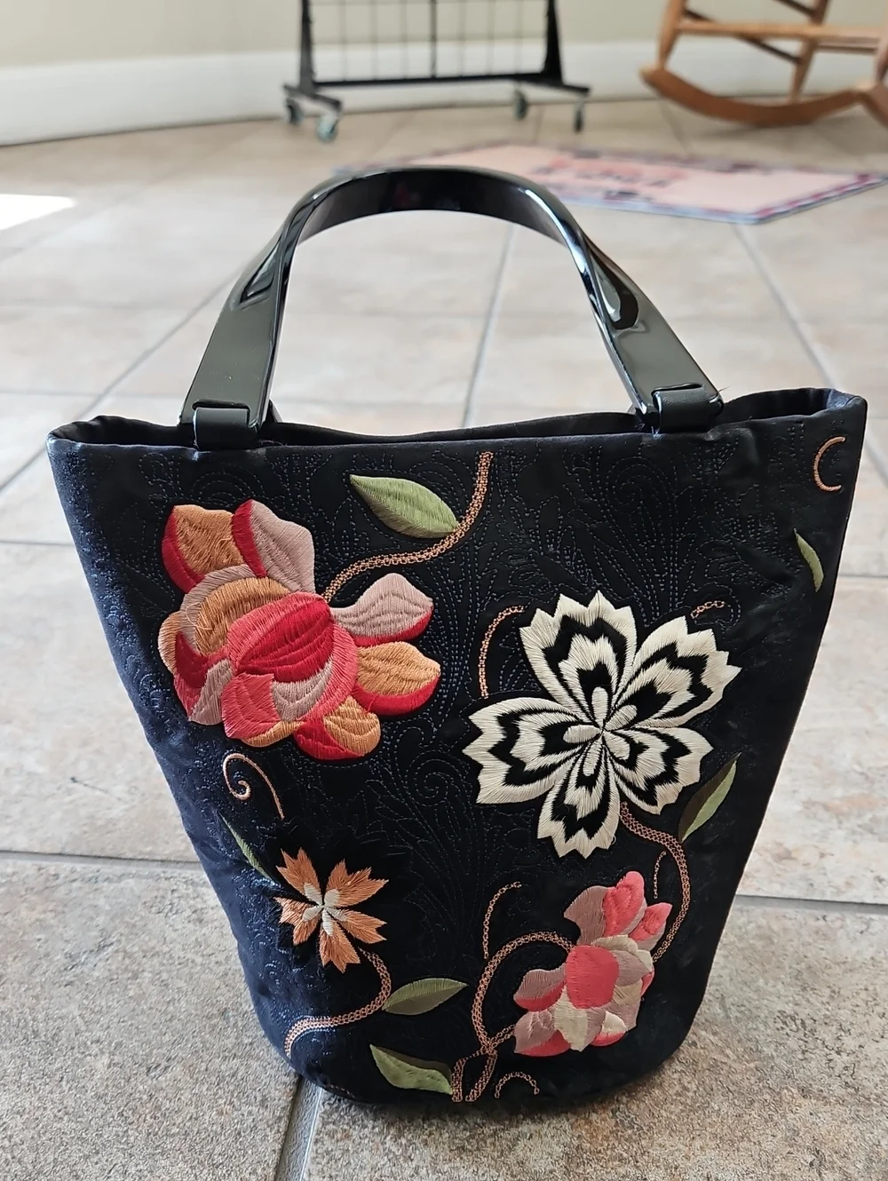 Talbots Black Floral Embroidered Tote Bag